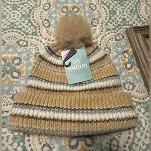NWT Magellan Outdoors Women Tan and Brown Striped Pom Beanie